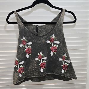 Love Culture Floral Cross Graphic Cropped Tank Top Junior's Size M/L Grey Wash